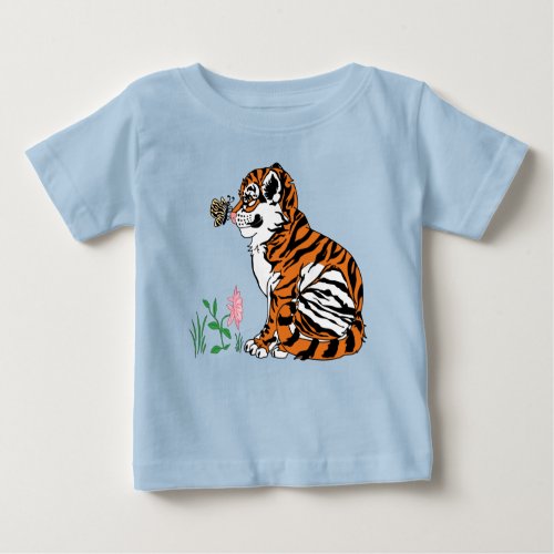 Cute Tiger Cub and Butterfly in Grass Baby T_Shirt