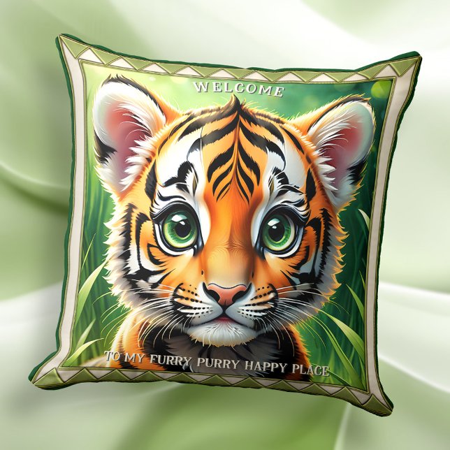 Cute Tiger Cub Cat Lovers Animal Art Throw Pillow (Pillow featuring a painting of a cute tiger cub. Lovely for a child's room.)