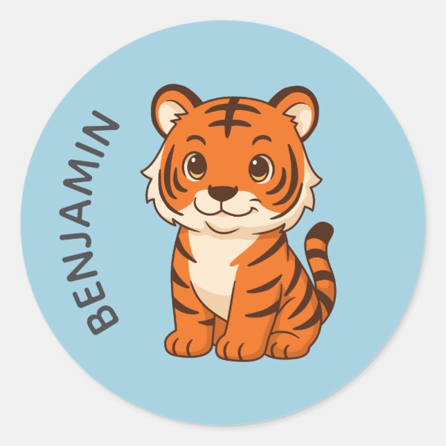 Cute Tiger Cub Custom Name Blue Classic Round Sticker (Front)