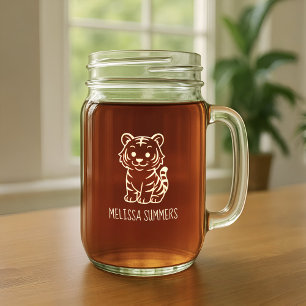 Cute Tiger Cub Custom Name Mason Jar W/ Handle