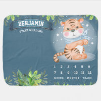 Cute Tiger Cub Jungle Safari Dusty Blue Milestone Baby Blanket