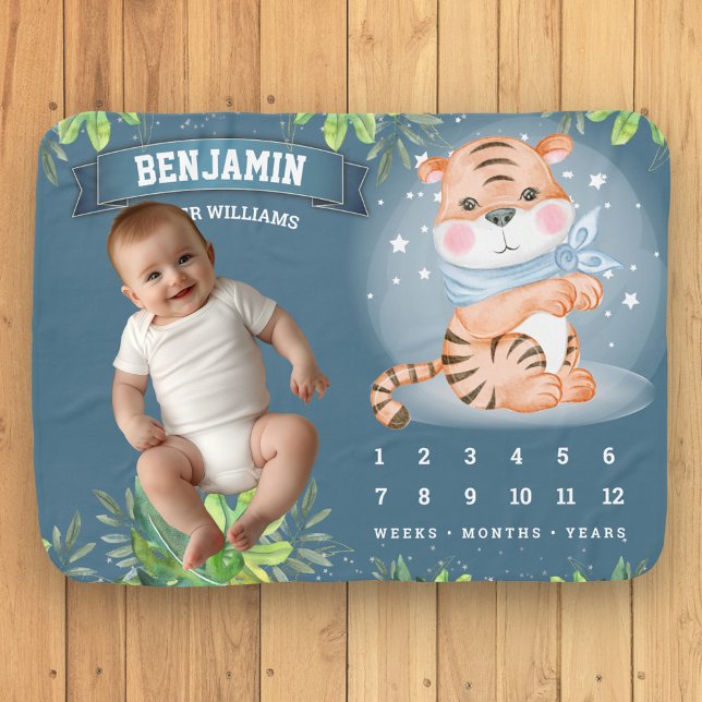 Cute Tiger Cub Jungle Safari Dusty Blue Milestone Baby Blanket (Creator Uploaded)