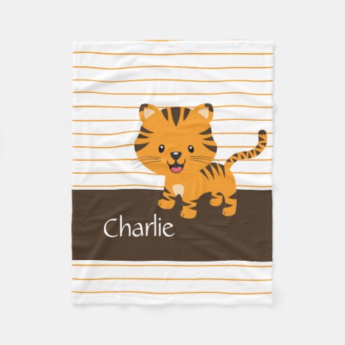 Cute tiger cub on orange stripes add name brown fleece blanket