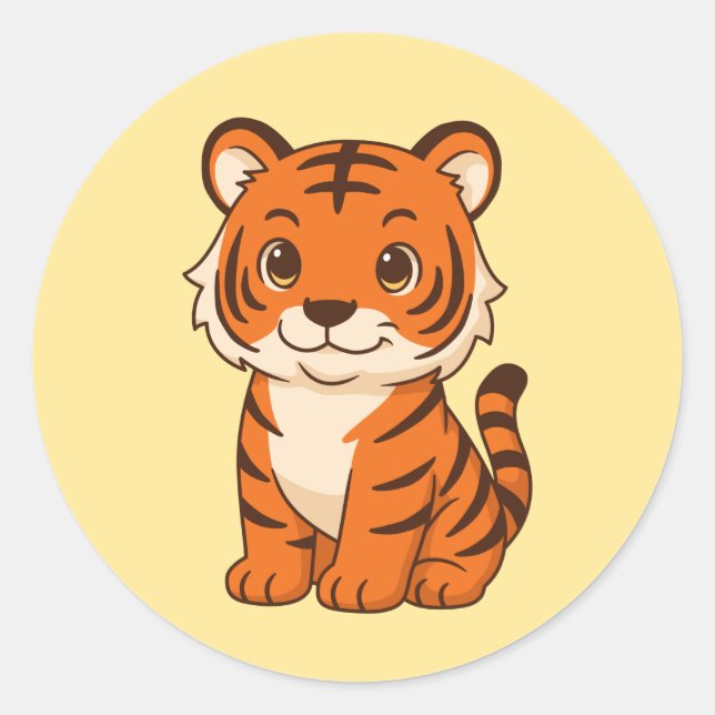 Cute Tiger Cub on Yellow Classic Round Sticker (Front)