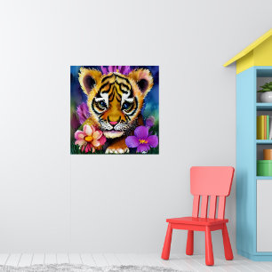 Cute Tiger Cub Surrounded by Flowers Poster