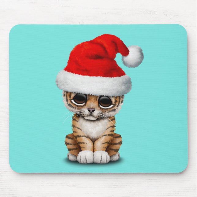 Cute Tiger Cub Wearing a Santa Hat Mouse Pad (Front)