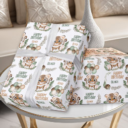Cute Tiger Cub Wild One Boy 1st Birthday Name Wrapping Paper