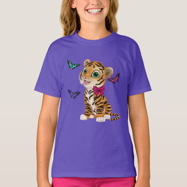 Cute Tiger Cub with Pink Bow & Butterflies T-Shirt (Front)