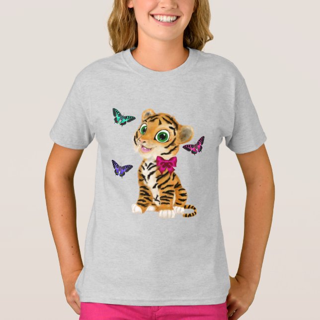 Cute Tiger Cub with Pink Bow & Butterflies T-Shirt (Front)