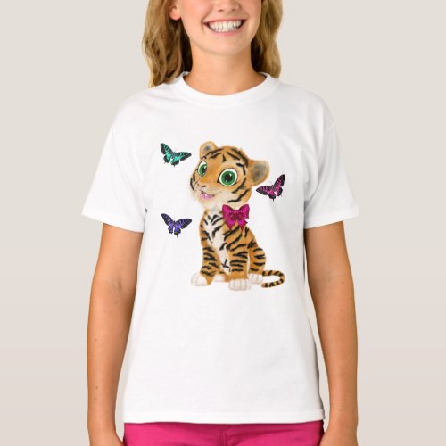 Cute Tiger Cub with Pink Bow  Butterflies T_Shirt