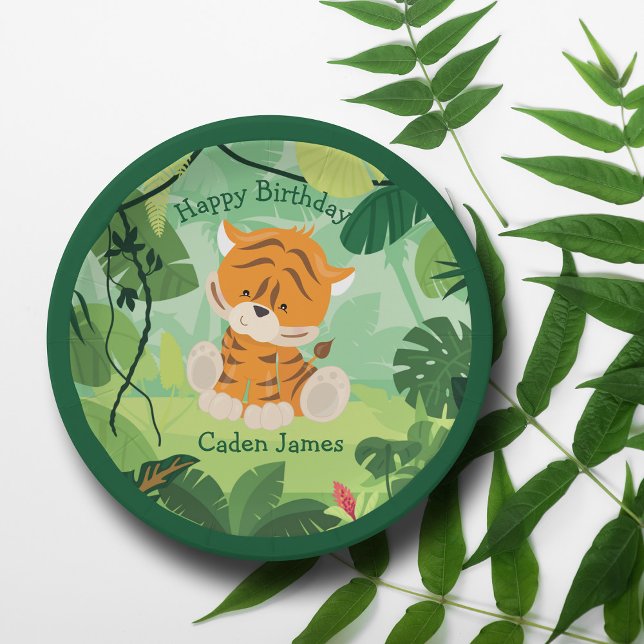 Cute Tiger Custom Kids Safari Birthday Party Boy Paper Plates (Creator Uploaded)