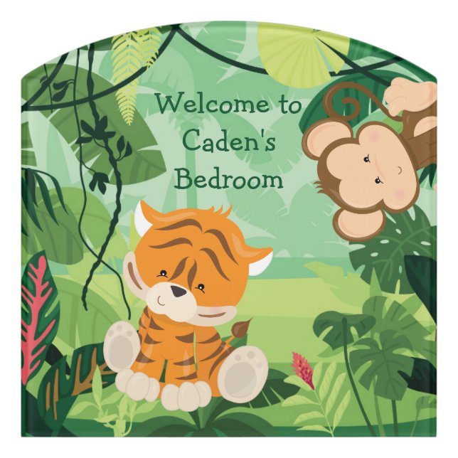 Cute Tiger Custom Safari Animal Kids Room Door Sign (Contour Front)