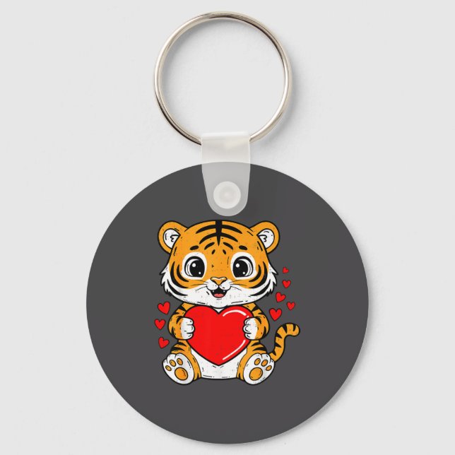 Cute Tiger Holding Heart Kawaii Valentines Day Men Keychain (Front)