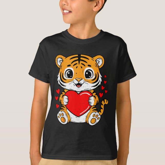 Cute Tiger Holding Heart Kawaii Valentines Day Men T-Shirt (Front)