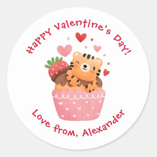 Cute Tiger in Cupcake Custom Kids Valentines Day Classic Round Sticker