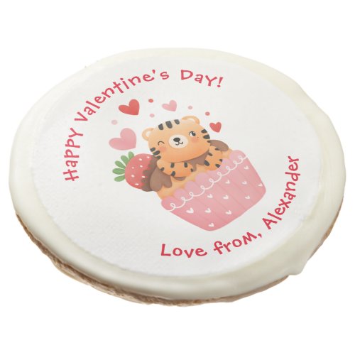 Cute Tiger in Cupcake Custom Kids Valentines Day Sugar Cookie