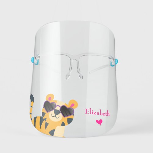 Cute Tiger in Glasses with Pink First Name Kids Face Shield