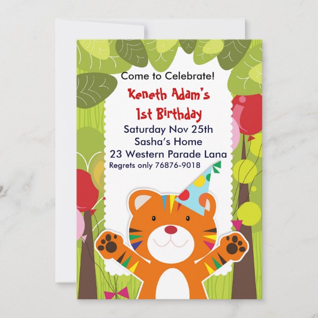 Cute tiger in jungle birthday party invitation (Front)