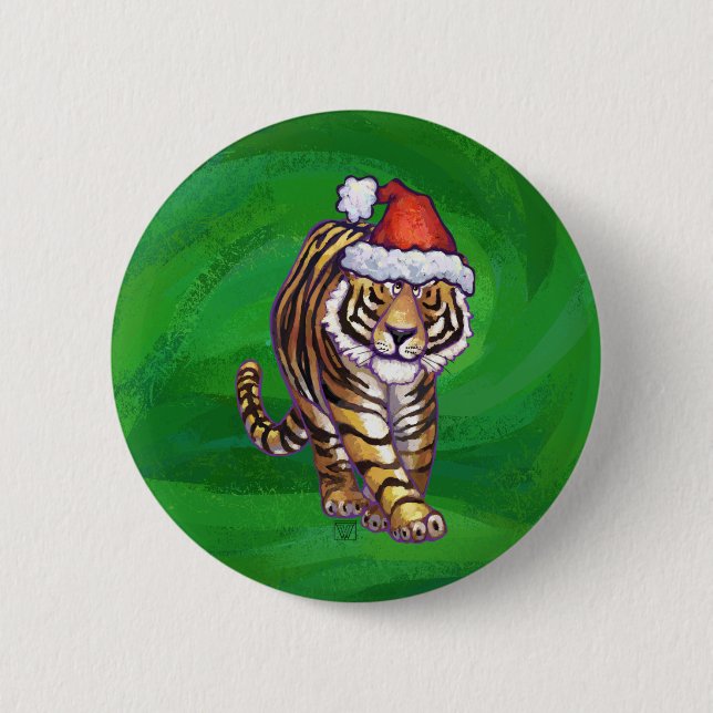 Cute Tiger in Santa Hat On Green Button (Front)