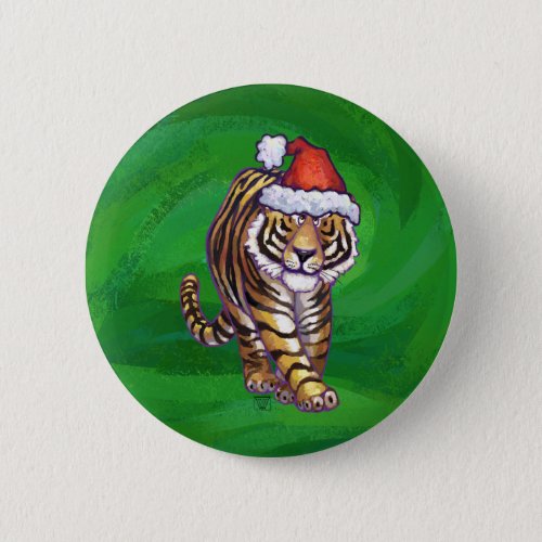 Cute Tiger in Santa Hat On Green Button