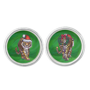 Cute Tiger in Santa Hat On Green Cufflinks