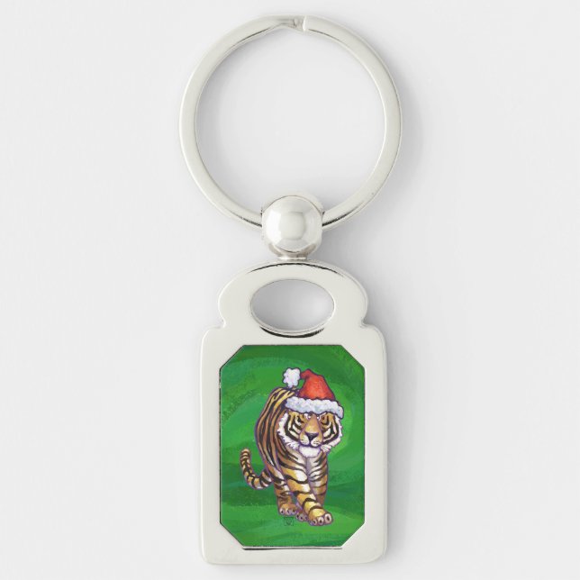 Cute Tiger in Santa Hat On Green Keychain (Front)