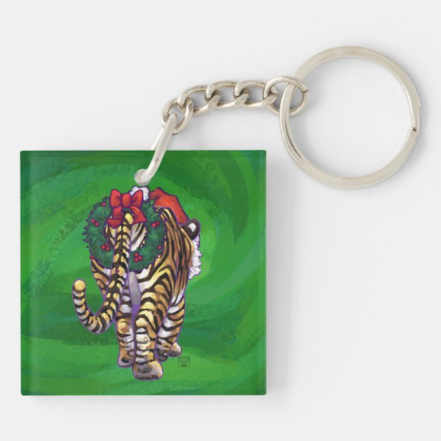 Cute Tiger in Santa Hat On Green Keychain (Back)