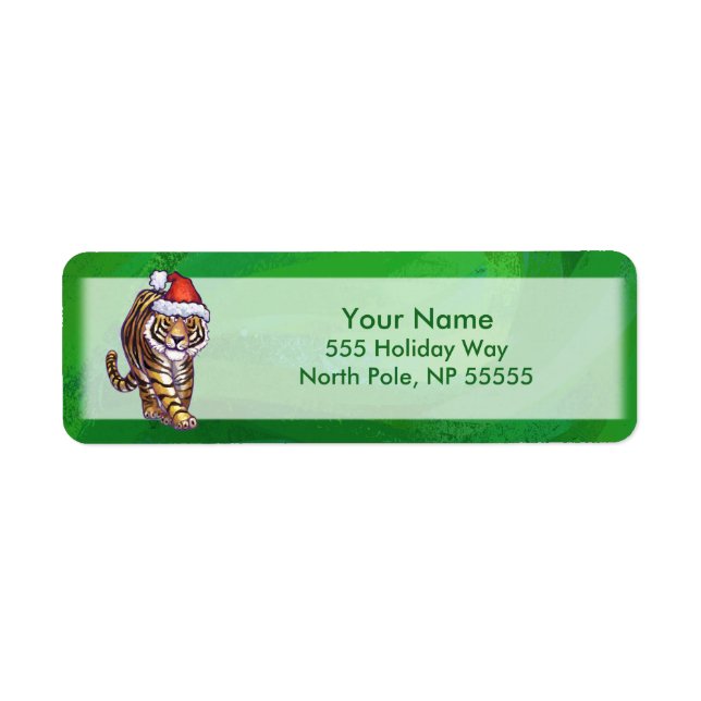 Cute Tiger in Santa Hat On Green Label (Front)