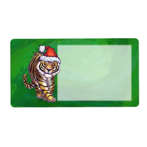 Cute Tiger in Santa Hat On Green Label