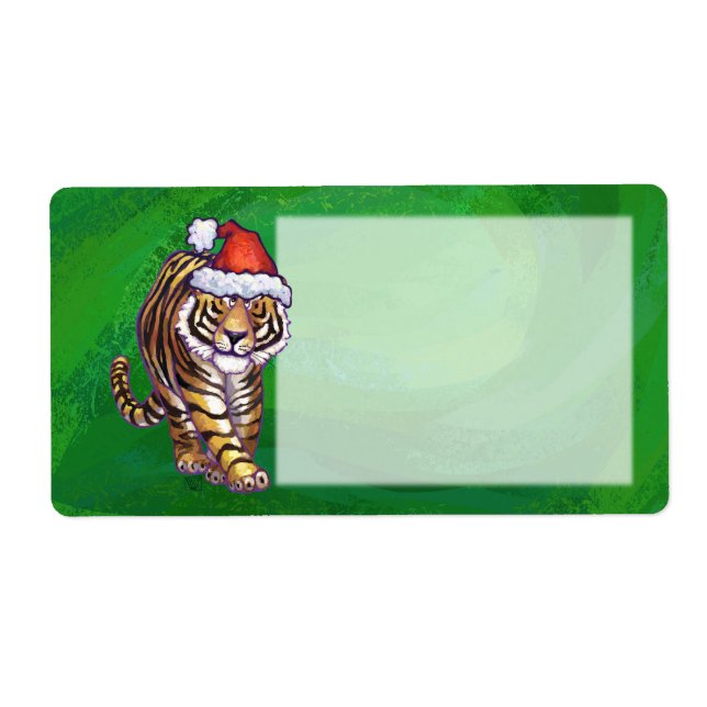 Cute Tiger in Santa Hat On Green Label (Front)