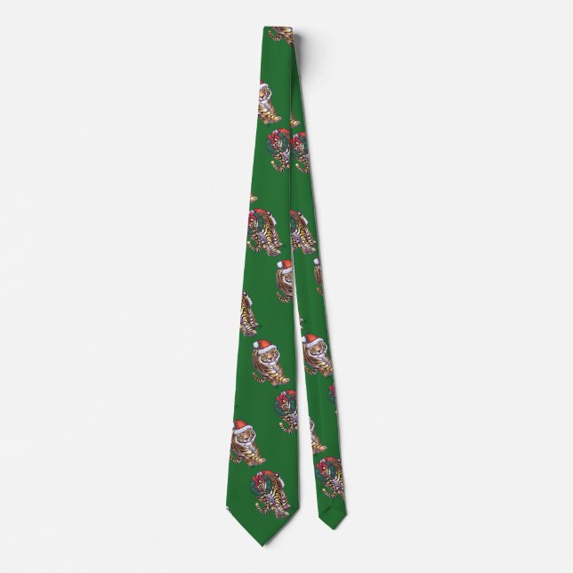 Cute Tiger in Santa Hat On Green Neck Tie (Front)
