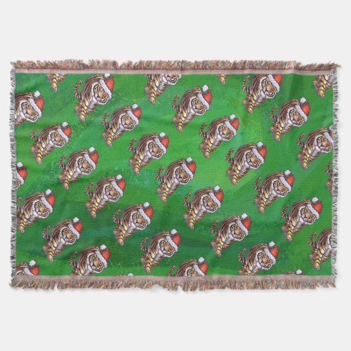 Cute Tiger in Santa Hat On Green Throw Blanket