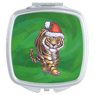 Cute Tiger in Santa Hat On Green Vanity Mirror