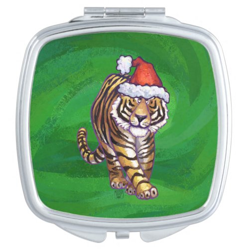 Cute Tiger in Santa Hat On Green Vanity Mirror