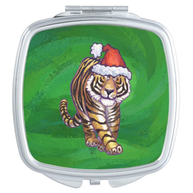 Cute Tiger in Santa Hat On Green Vanity Mirror (Front)