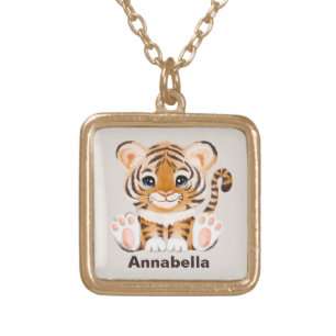 cute tiger jungle lovers add name gold plated necklace