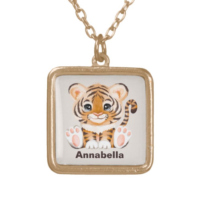 cute tiger jungle lovers add name gold plated necklace (Front)