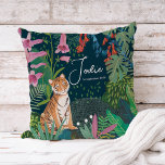 Cute Tiger Jungle New Baby Shower    Throw Pillow<br><div class="desc">Introducing little new baby shower with a cute little tiger in the tropical jungle with flowers,  leaves and plants. Original artwork by Caroline Bonne Müller</div>