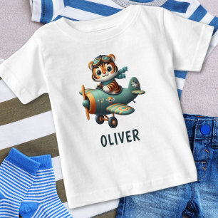 Cute Tiger Kid Flying a Plane Personalized Baby T-Shirt