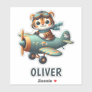 Cute Tiger Kid Flying a Plane Personalized Sticker