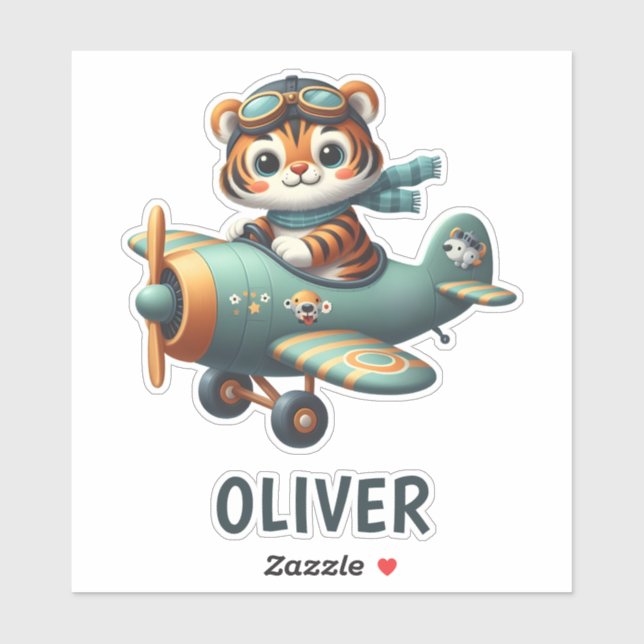 Cute Tiger Kid Flying a Plane Personalized Sticker (Sheet)