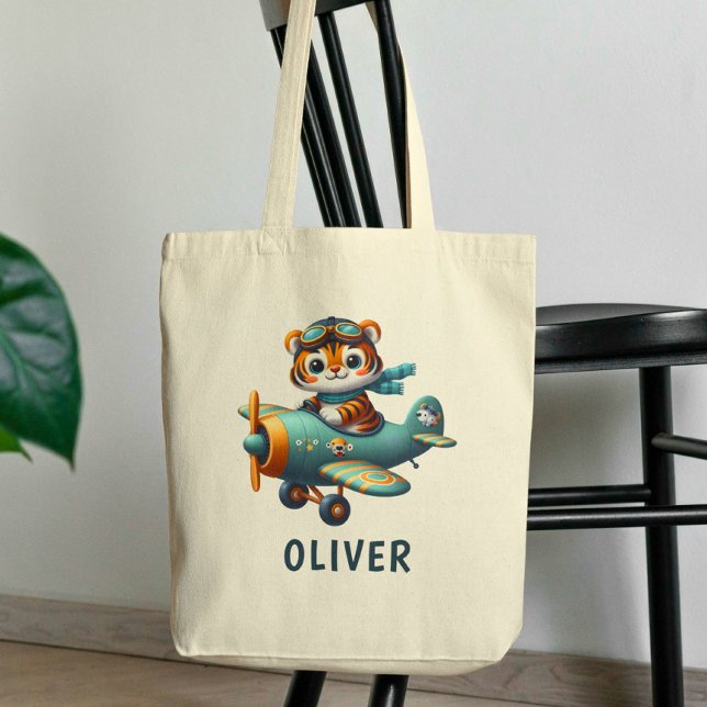 Cute Tiger Kid Flying a Plane Personalized Tote Bag (Creator Uploaded)
