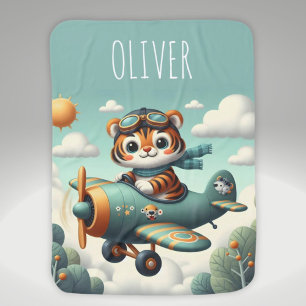 Cute Tiger Kid Flying on Airplane Baby Blanket