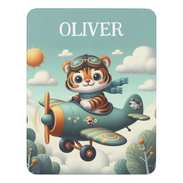 Cute Tiger Kid Flying on Airplane Door Sign (Contemporary Vert)