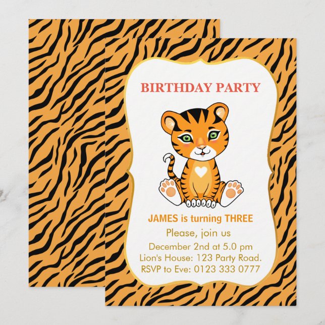 Cute Tiger Kids 3rd Birthday Boy Invitation (Front/Back)