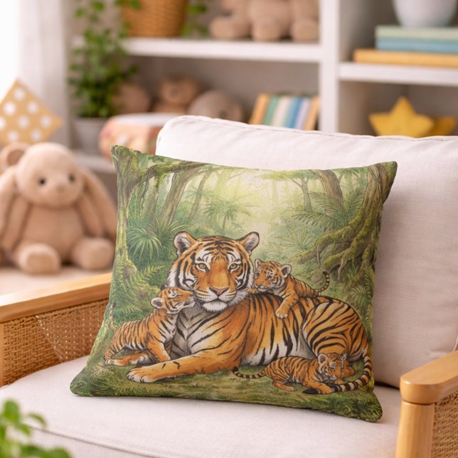 Cute Tiger  Mama And Cubs Jungle Animals  Throw Pillow (Creator Uploaded)
