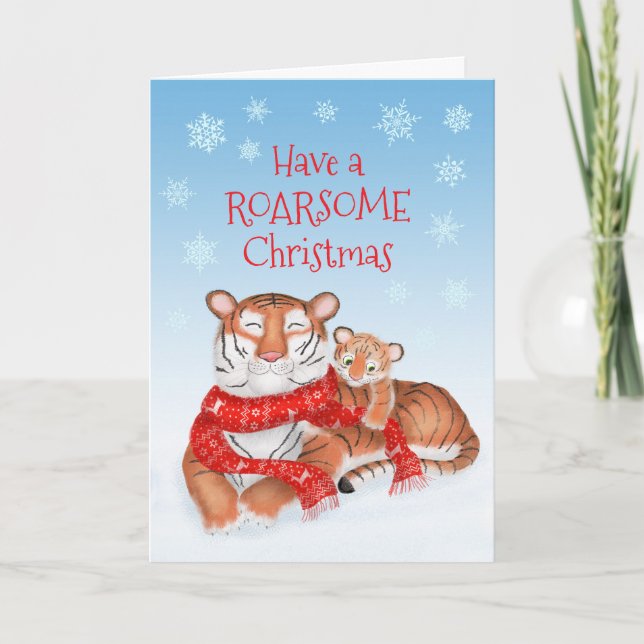 Cute tiger mom and cub in snow Christmas card (Front)