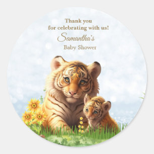 Cute Tiger Mom Baby Shower Floral Watercolor Classic Round Sticker