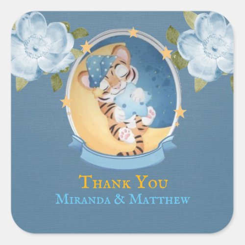 Cute Tiger Moon Stars Boy Baby Shower Thank You Square Sticker