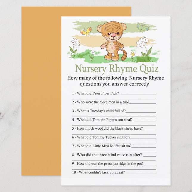 Cute Tiger Nursery Rhyme Quiz baby shower game (Front/Back)